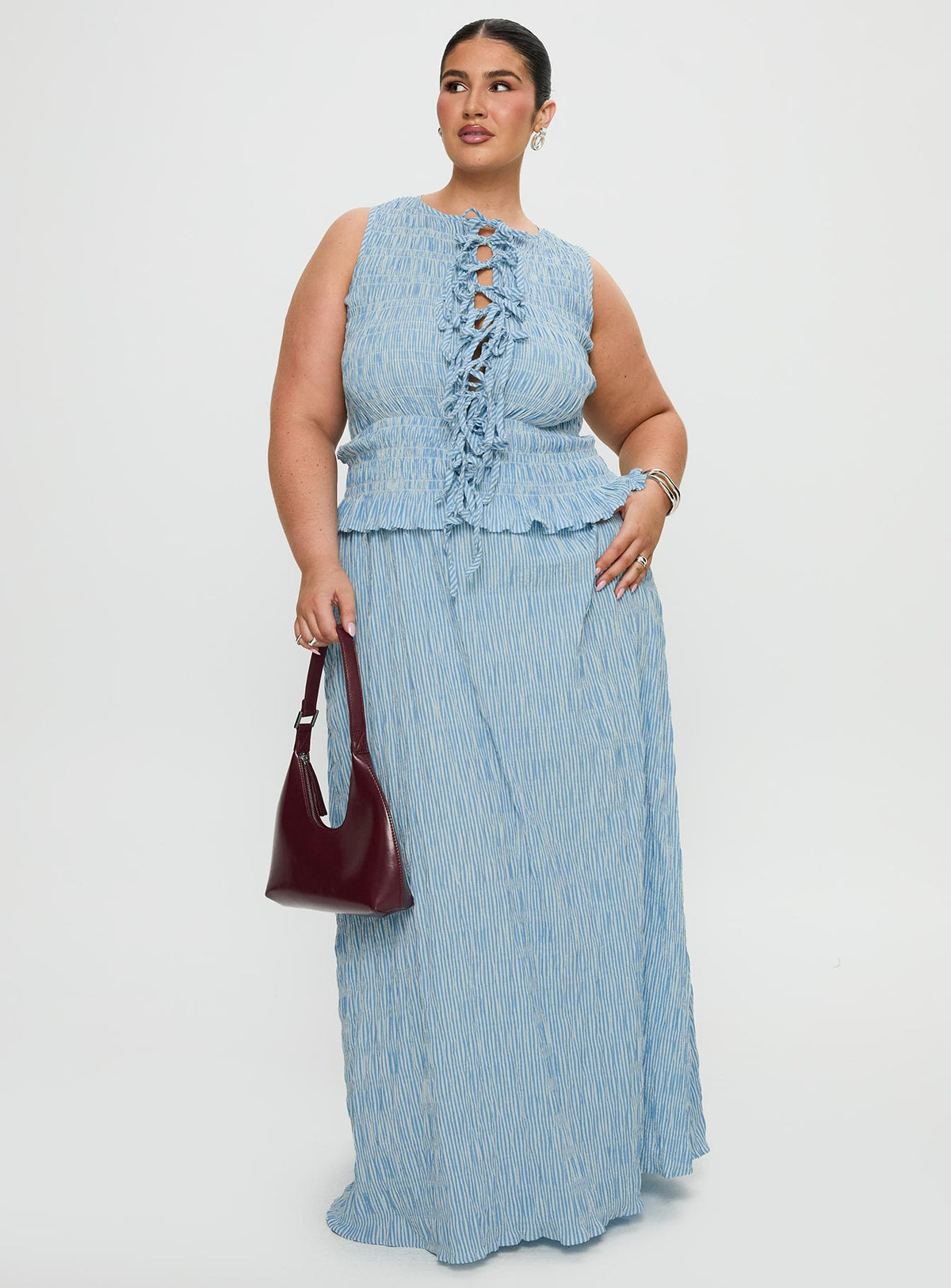front view of model wearing Princess Polly Songbird Shirred Maxi Dress Blue Curve Crew Neck 