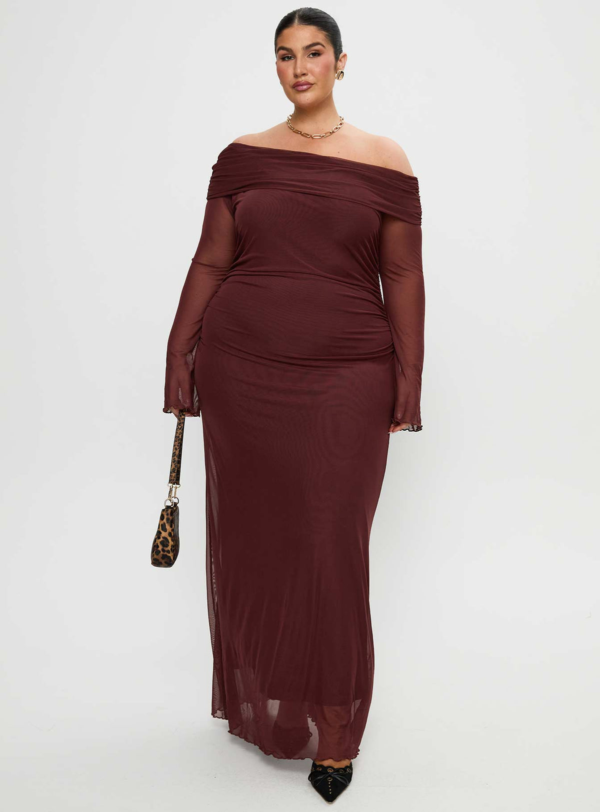 side view of model wearing Princess Polly Consideration Maxi Dress Chocolate Curve Straight Neck 