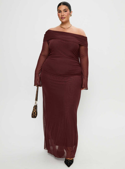 side view of model wearing Princess Polly Consideration Maxi Dress Chocolate Curve Straight Neck 