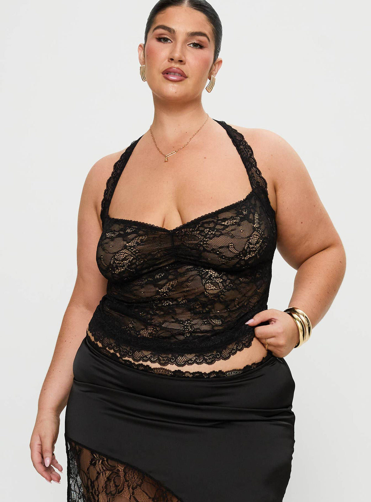 front view of model wearing Princess Polly Fantasize Lace Halter Top Black Curve Sleeveless Sweetheart 