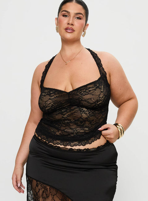 front view of model wearing Princess Polly Fantasize Lace Halter Top Black Curve Sleeveless Sweetheart 