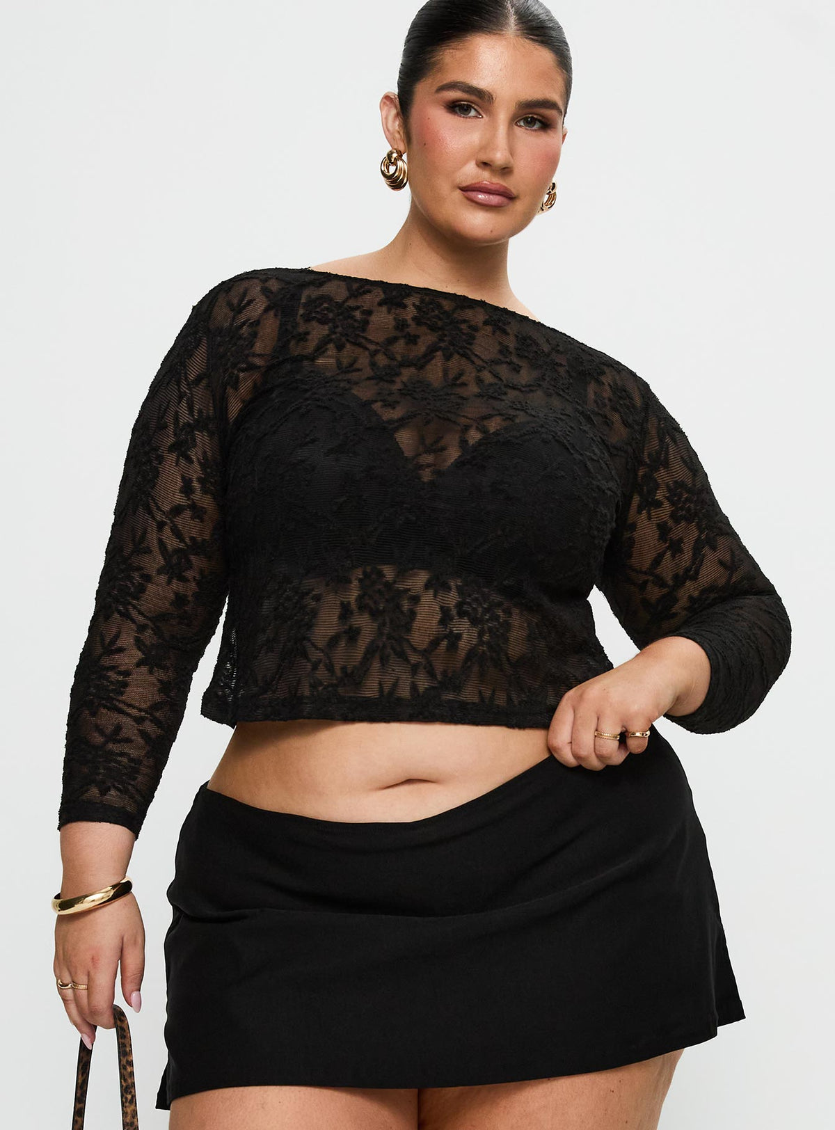 front view of model wearing Princess Polly Martine Sheer Top Black Curve Full Sleeves Boat Neck 