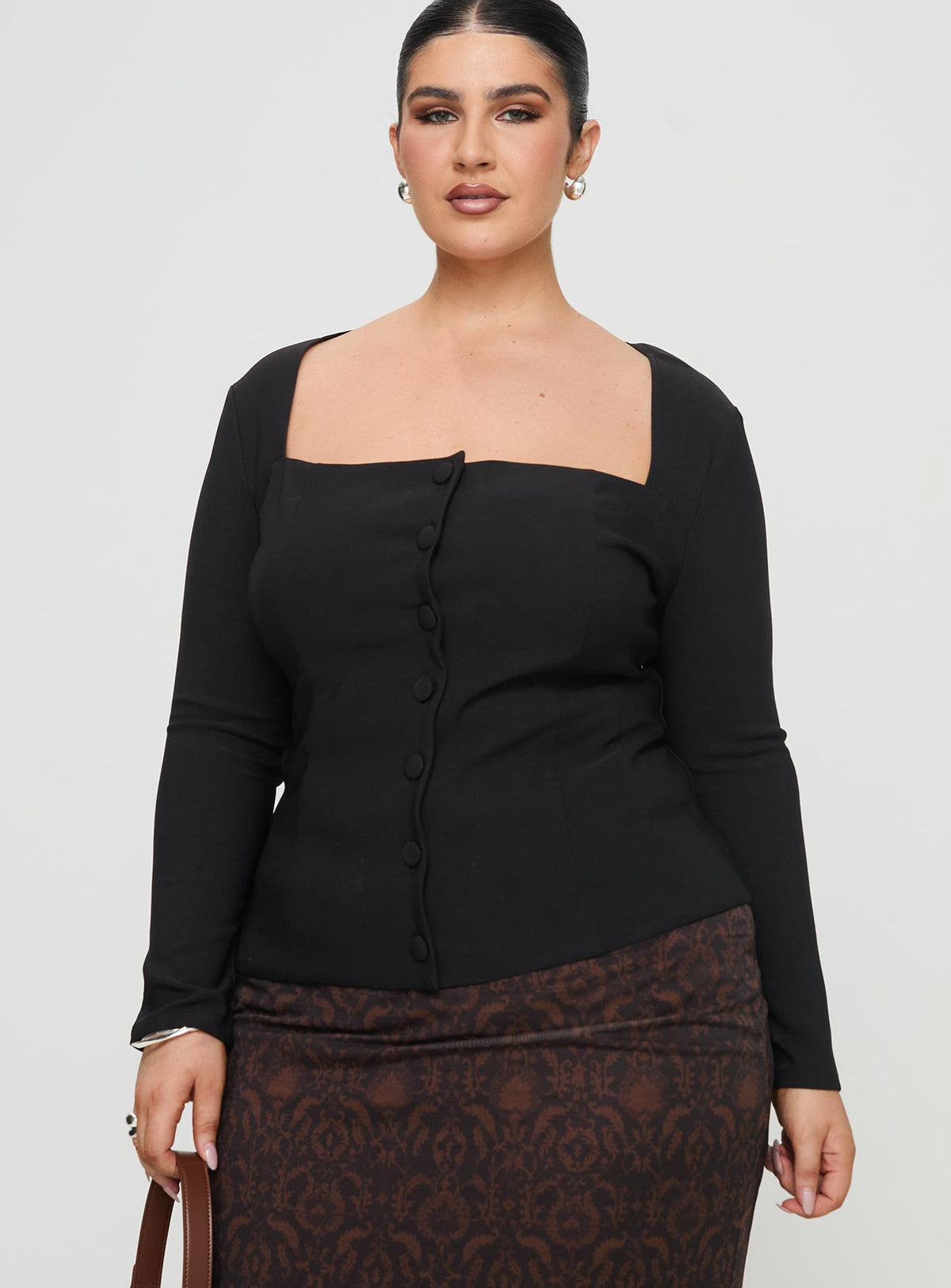 front view of model wearing Princess Polly Gaskin Long Sleeve Top Black Curve Full Sleeves Square Neck 