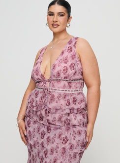 back view of model wearing Princess Polly Nikolise Top Purple Curve Sleeveless Plunger 