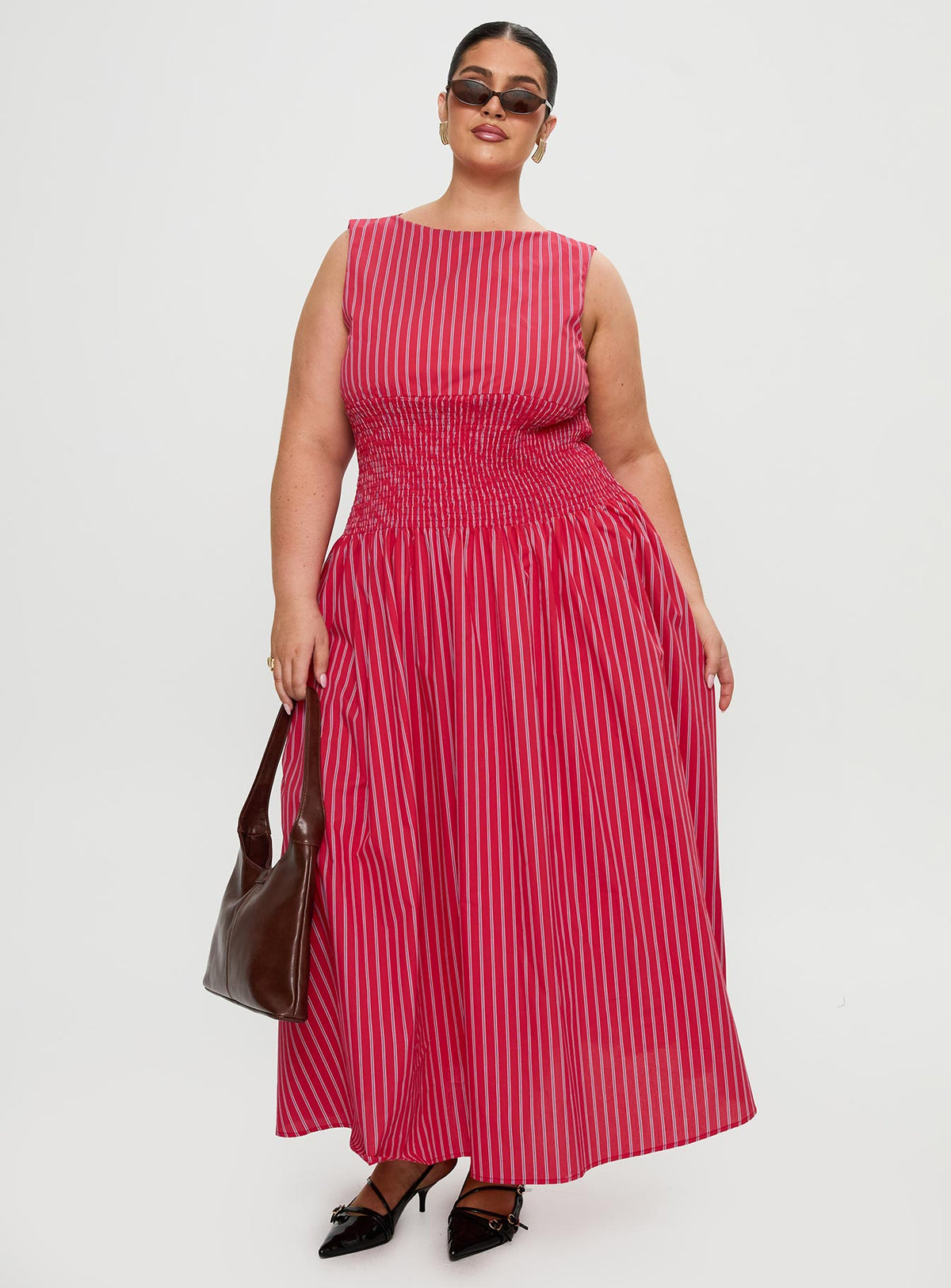front view of model wearing Princess Polly Lilienne Cotton Poplin Maxi Dress Red Stripe Curve Crew Neck 