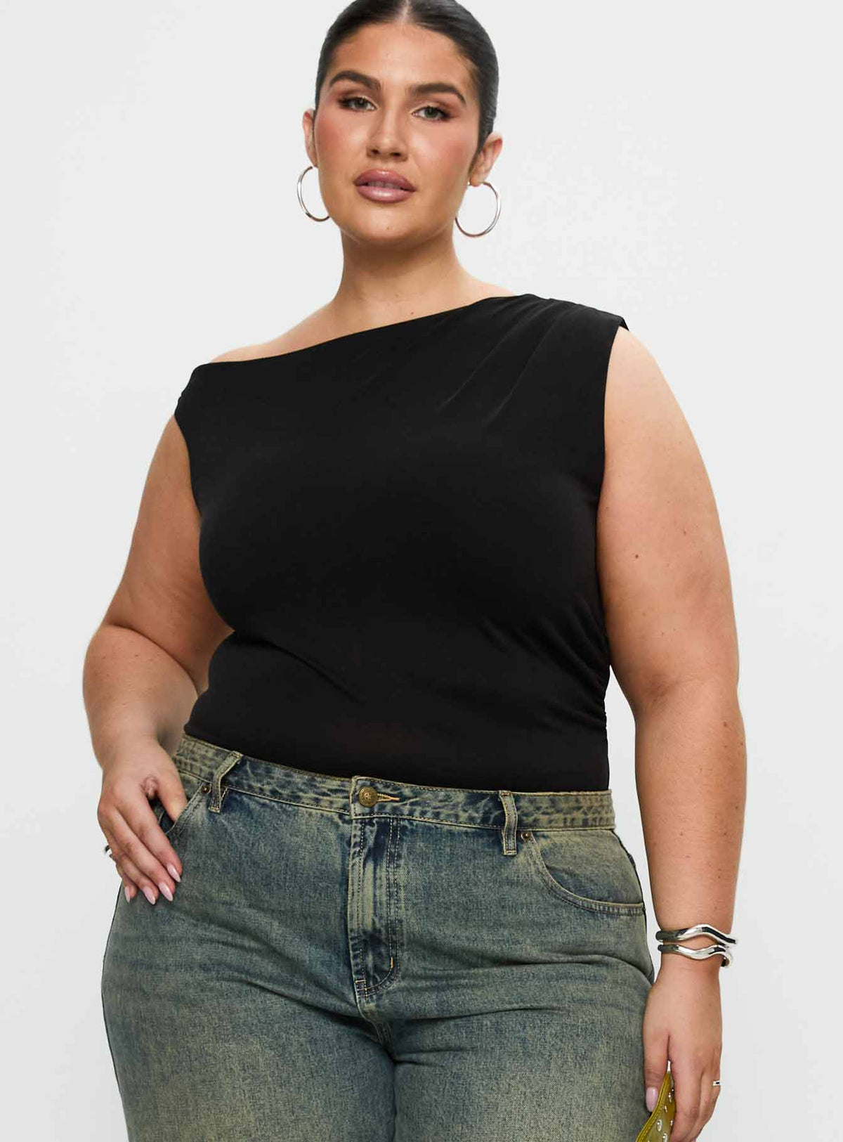 front view of model wearing Princess Polly Miyako Bodysuit Black Curve Sleeveless Bodysuit 