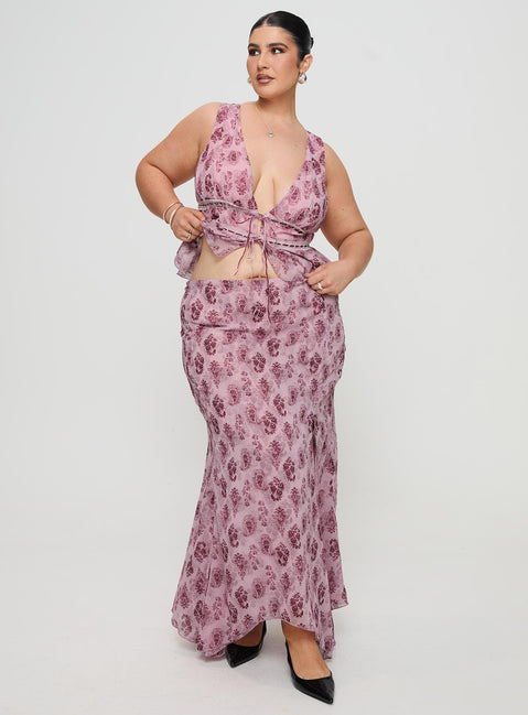   front view of model wearing Princess Polly Nikolise Maxi Skirt Purple Curve Maxi Skirts Skirts 