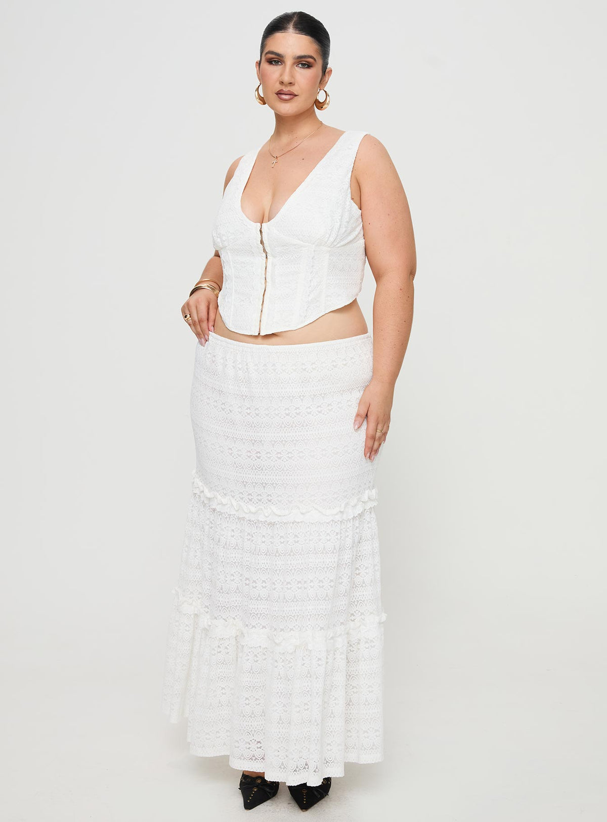   front view of model wearing Princess Polly Buttacupe Lace Maxi Skirt White Curve Maxi Skirts Skirts 
