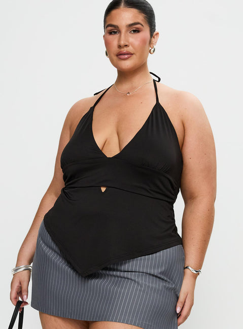 front view of model wearing Princess Polly Averee Halter Top Black Curve Sleeveless Plunger 