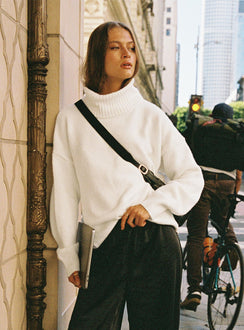 front view of model wearing Princess Polly Oswin Turtleneck Sweater White Longline Jumpers Jumpers 