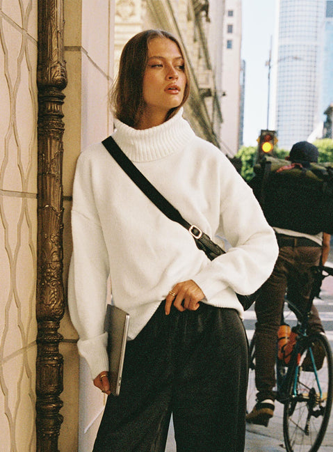 front view of model wearing Princess Polly Oswin Turtleneck Sweater White Longline Jumpers Jumpers 