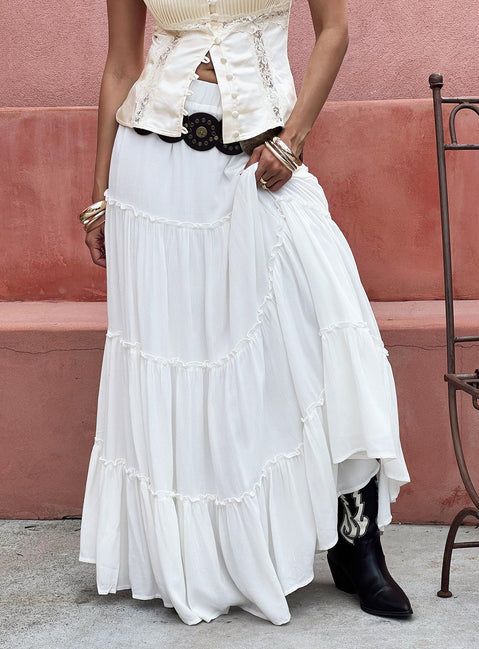   front view of model wearing Princess Polly Miriah Maxi Skirt White Petite Maxi 