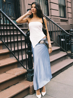   front view of model wearing Princess Polly Resistance Asymmetrical Maxi Skirt Blue Maxi Skirts Skirts 