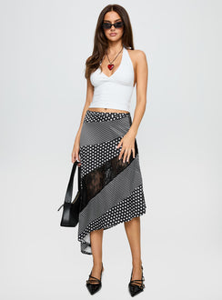   side view of model wearing Princess Polly Midnight Memories Asymmetrical Midi Skirt Black Multi Midi Skirts 