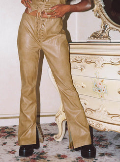 front view of model wearing Princess Polly Roddie Lace Up Pants Brown Low Rise Pants Pants 