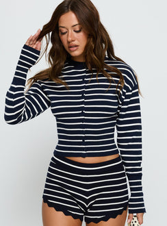 front view of model wearing Princess Polly Head In The Clouds Cardigan Navy Stripe Cropped Jumpers Jumpers 