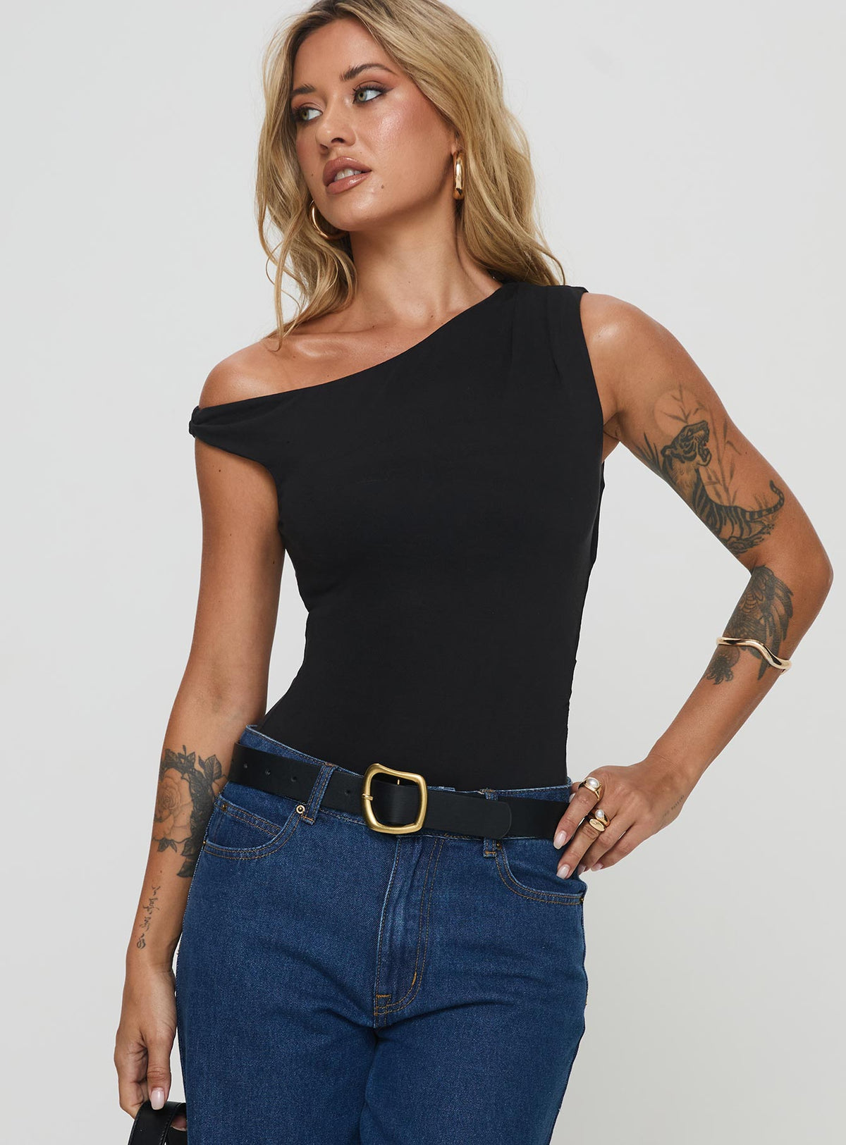 front view of model wearing Princess Polly Miyako Bodysuit Black Sleeveless Bodysuit 