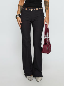 side view of model wearing Princess Polly True Grit Eyelet Flare Pants Grey Mid Rise Pants Pants 
