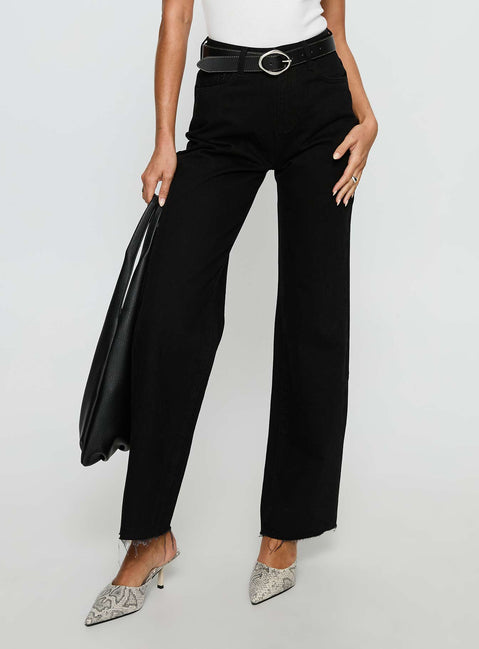 front view of model wearing Princess Polly Henesey High Rise Straight Leg Jeans Jet Black High Rise Jeans Jeans 