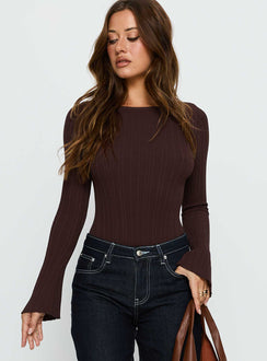 front view of model wearing Princess Polly Mayok Long Sleeve Bodysuit Brown Long Sleeve Tops Bodysuit 