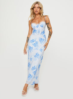 front view of model wearing Princess Polly Hamri Maxi Dress White / Blue Floral Sweetheart Neckline 