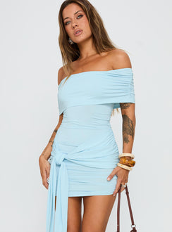 Island Girl Tie Skirt Mini Dress Light Blue Straight Neck 