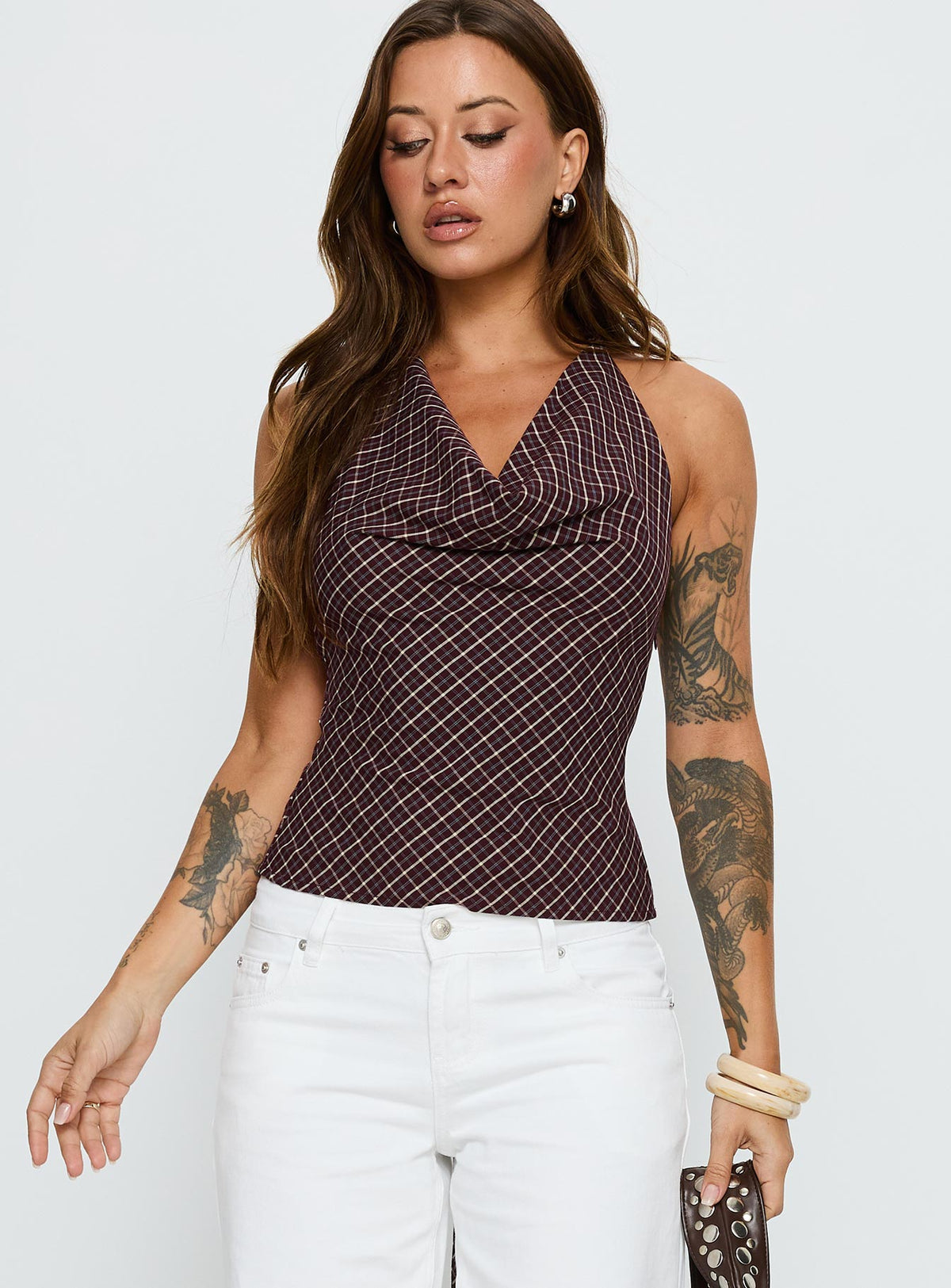 Gaybriel Cowl Neck Low Back Top Wine Check