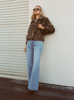 back view of model wearing Princess Polly Colemane Mid Rise Flared Jeans Angel Blue High Rise Jeans Jeans 