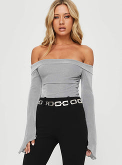 front view of model wearing Princess Polly Tullo Off The Shoulder Bodysuit Grey Long Sleeve Tops Bodysuit 