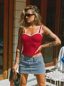   front view of model wearing Princess Polly Brinkman Mini Skirt Light Wash Denim Mini Skirts Skirts 