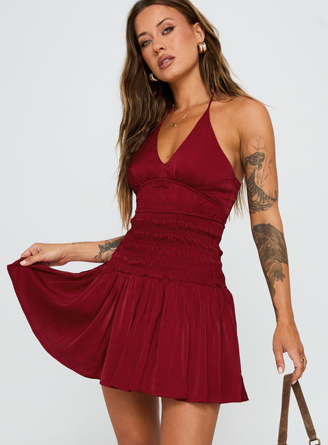 back view of model wearing Princess Polly Mariachi Mini Dress Red V-Neck 