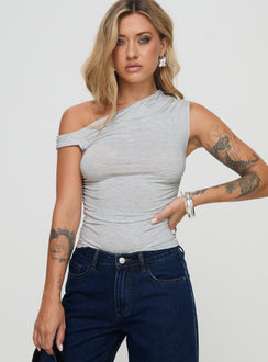 side view of model wearing Princess Polly Beller Top Marle Grey Short Sleeves Asymmetric Neckline 