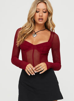 front view of model wearing Princess Polly Leonie Bodysuit Burgundy Long Sleeve Tops Bodysuit 