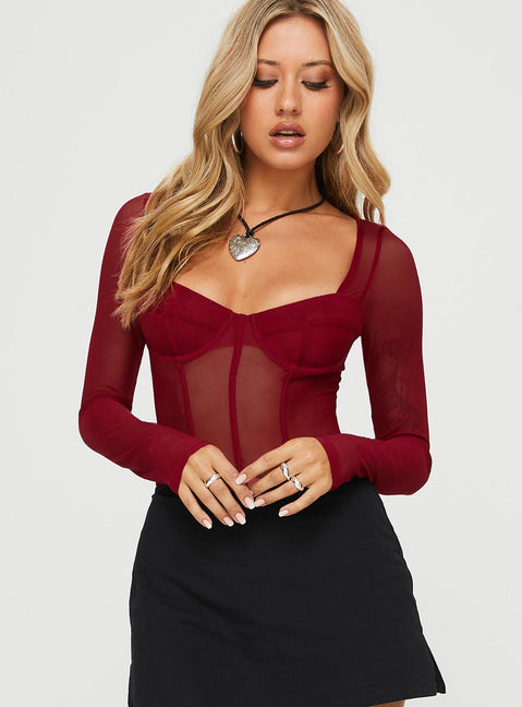 front view of model wearing Princess Polly Leonie Bodysuit Burgundy Long Sleeve Tops Bodysuit 