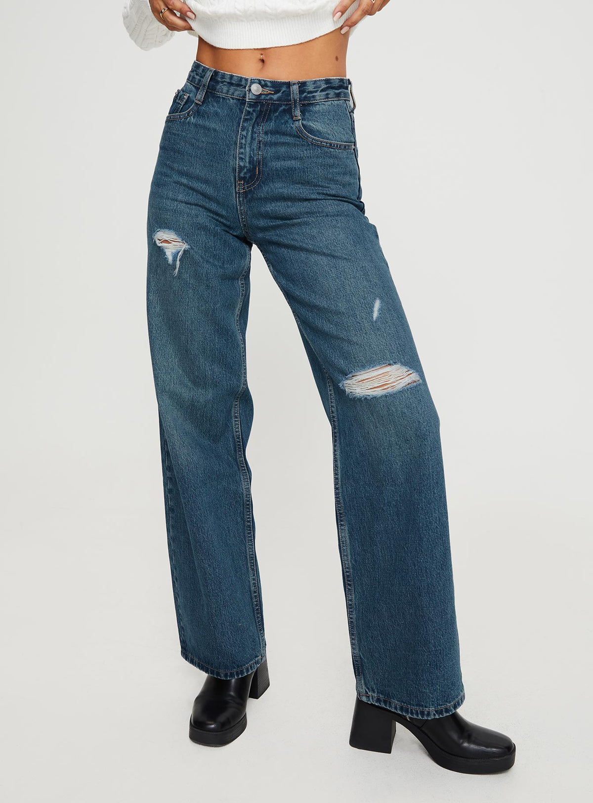 front view of model wearing Princess Polly Beetle High Rise Wide Leg Ripped Jeans Mid Wash Mid Rise Jeans Jeans 