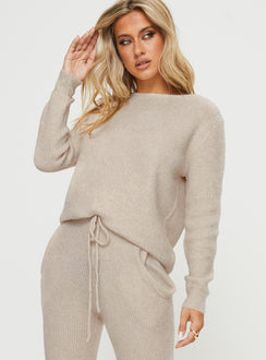 side view of model wearing Princess Polly Abrams Rib Knit Crew Sweater Beige regular Jumpers 