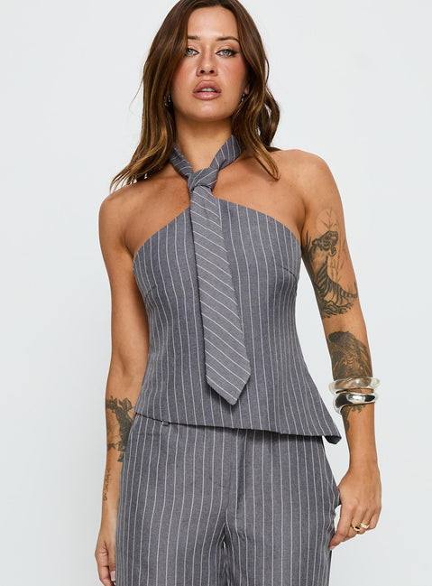 Uvelia Tie Detail Top Grey Pinstripe
