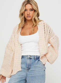 front view of model wearing Princess Polly Abner Cable Cardigan Beige Longline Jumpers Jumpers 