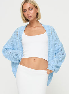 front view of model wearing Princess Polly Abner Cable Cardigan Blue regular Jumpers 