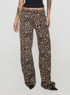 back view of model wearing Princess Polly Top Model Low Rise Straight Leg Jeans Leopard High Rise Jeans Jeans 