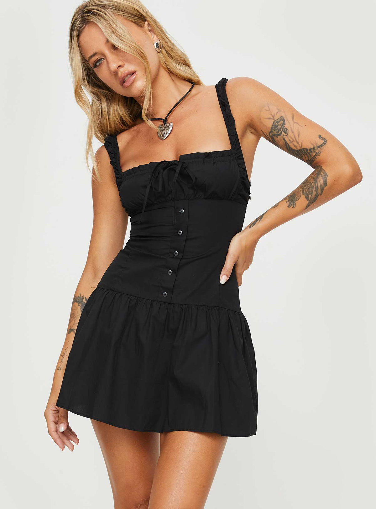 front view of model wearing Princess Polly Heart Shaped Mini Dress Black Square Neck 