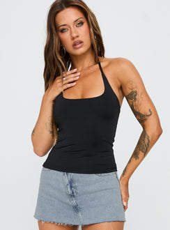 side view of model wearing Princess Polly Ezekiel Nylon Top Black Sleeveless Scoop Neck 
