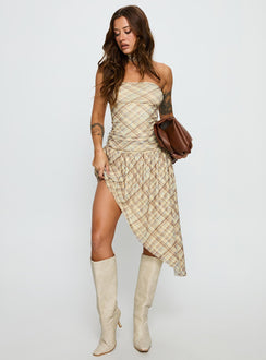 Cambria Strapless Scarf Midi Dress Yellow Check