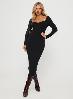 front view of model wearing Princess Polly Kaseem Long Sleeve Maxi Dress Black Sweetheart Neckline 