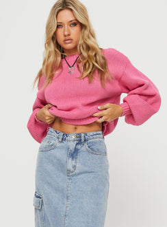 front view of model wearing Princess Polly Harmony Balloon Sleeve Knit Sweater Pop Pink regular Jumpers 