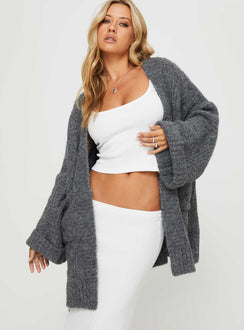 Featuring the Paisleigh Cable Knit Cardigan Charcoal womens jumpers with long length side view of model wearing Princess Polly