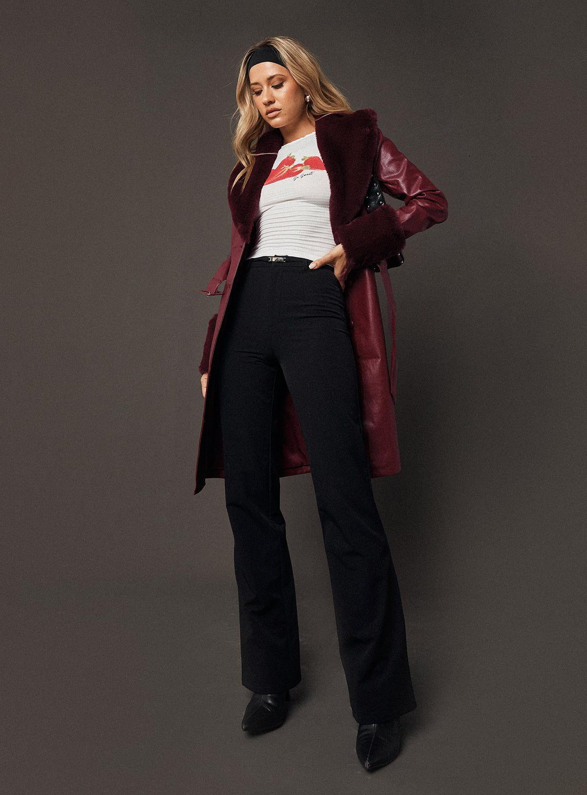 front view of model wearing Princess Polly Flounce Pants Black High Rise Pants Pants 