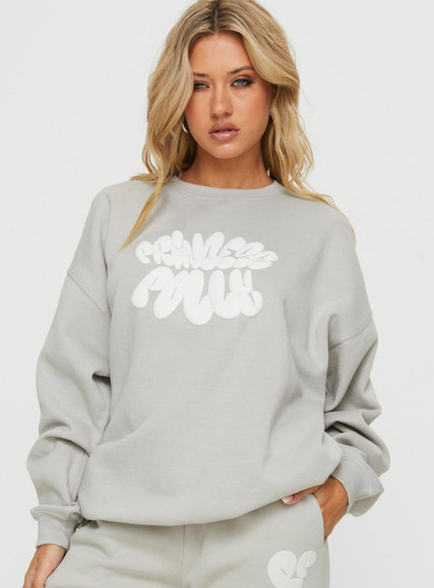 front view of model wearing Princess Polly Princess Polly Crew Neck Sweatshirt Bubble Text Grey / Cloud White Longline Jumpers Jumpers 