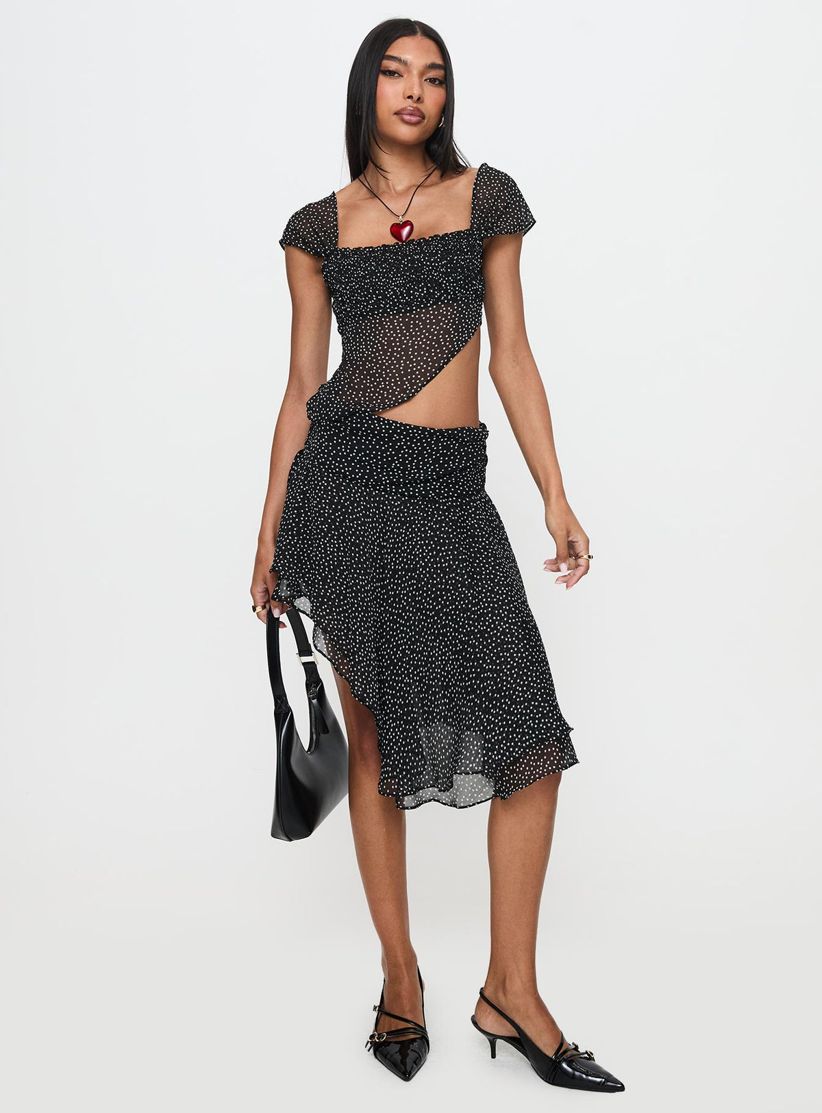   front view of model wearing Princess Polly Legacy Midi Skirt Onyx Polka Skirts 