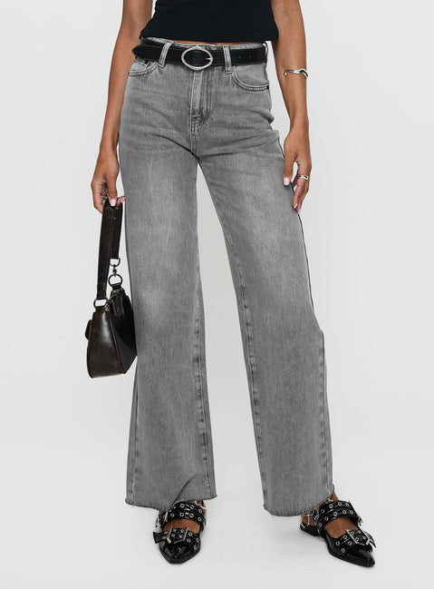 front view of model wearing Princess Polly Henesey High Rise Straight Leg Jeans Washed Grey High Rise Jeans Jeans 